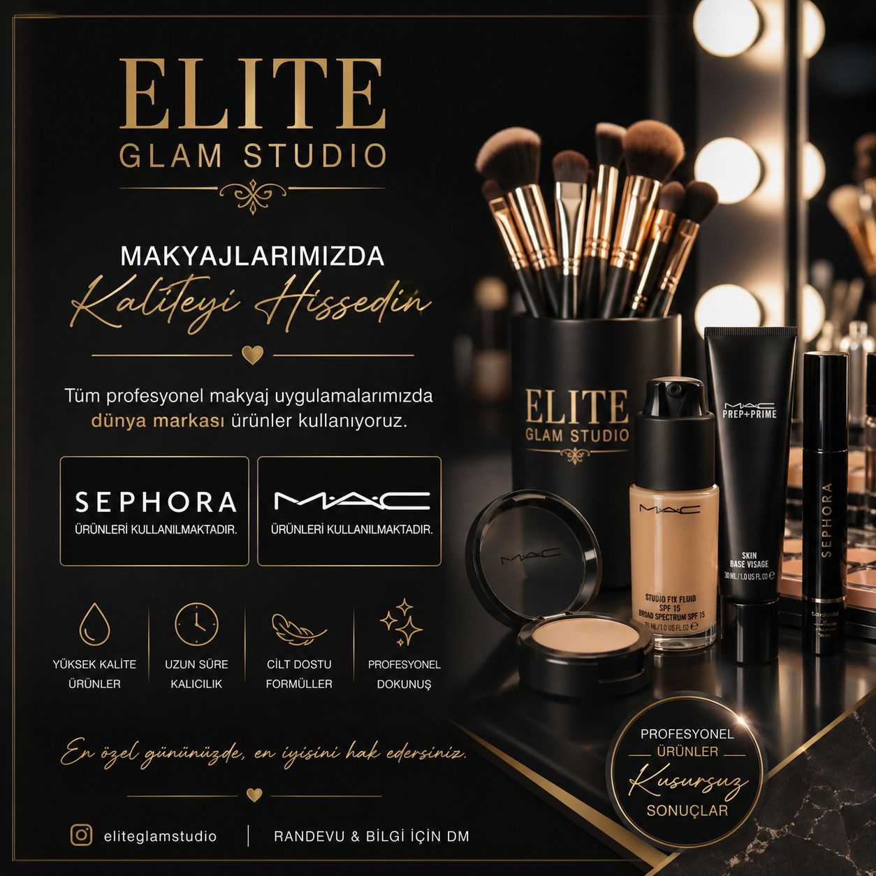 Elite Glam Studio makyaj ürünleri ve stüdyo atmosferi